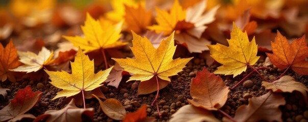 Golden yellow leaves nestled in reddish-brown pile , harvest, maple, red