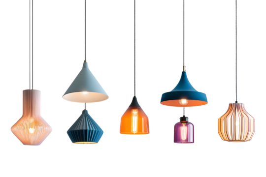 Set of different modern hanging lamps on white background.