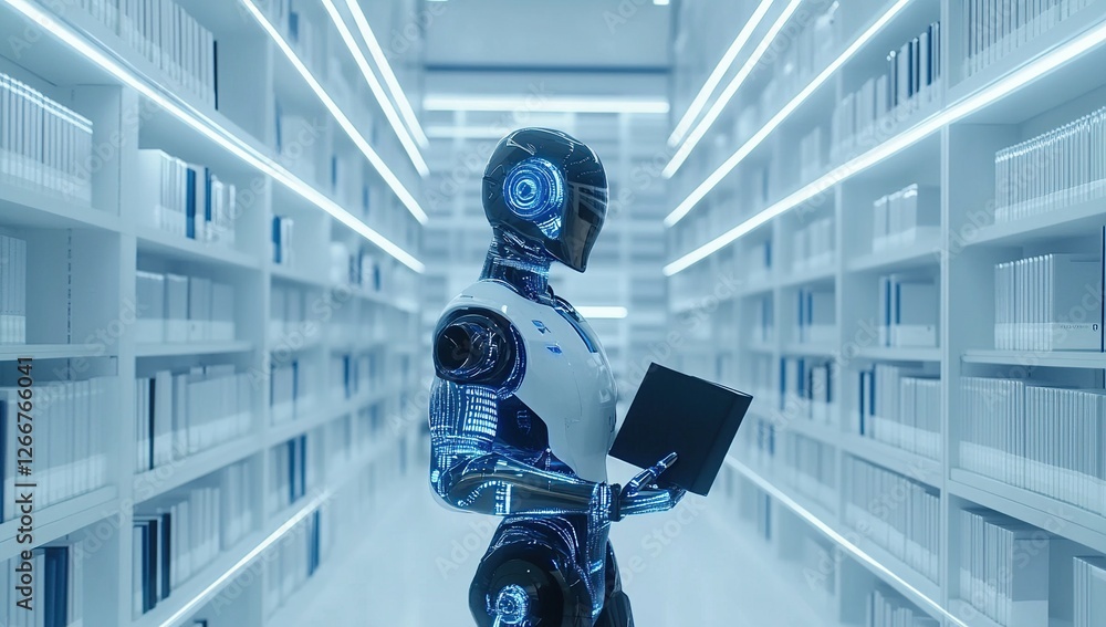 Poster advanced robot reads book in futuristic library: exploring ai and information retrieval in modern ar