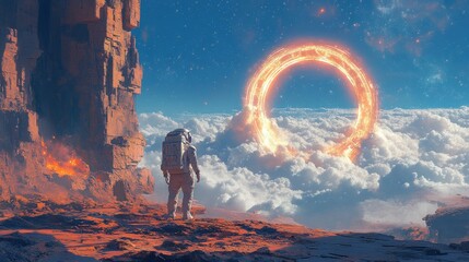 Astronaut at Glowing Portal in Futuristic Landscape with Stars and Dramatic Lighting