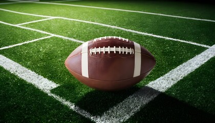 American Football sitting on a grass football field on the yard line,  Football On Green Turf Field Highlighting Sports Equipment And Playing Surface , Football with Laces and Textured Surface