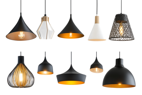 Set of different modern hanging lamps on white background.