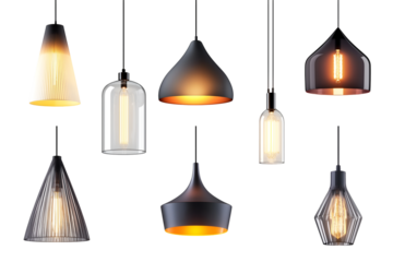Set of different modern hanging lamps on white background.