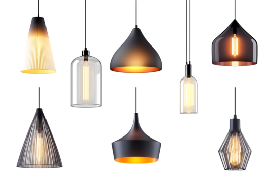 Set of different modern hanging lamps on white background.