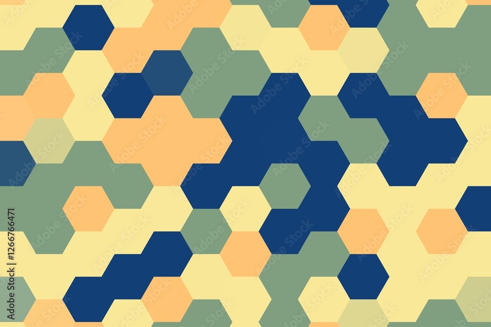 Poster colorful navy, orange, green, and yellow hexagonal pixelated pattern with a soft gradient effect. vi