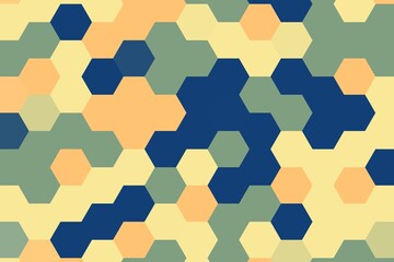 Colorful navy, orange, green, and yellow hexagonal pixelated pattern with a soft gradient effect. Vibrant geometric background concept