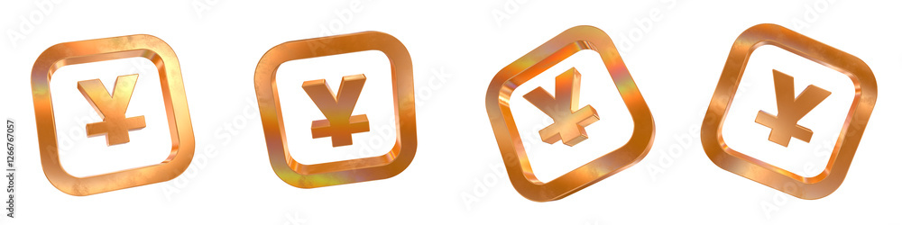 Poster Set of 4 3d yuan curved rectangle outline shapes with golden and rainbow effects isolated on a transparent background. 3d elements for graphic design.