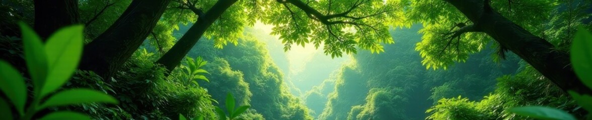 Fototapeta premium Lush green canopy, vibrant tree, jungle backdrop, jungle, fantasy