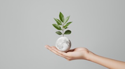 Nurturing growth green plant on hand minimalistic studio setting