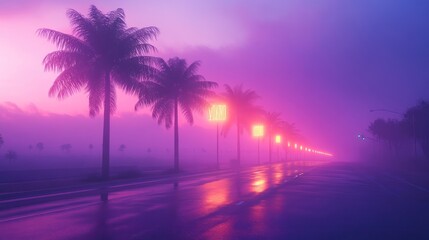 Misty sunrise road, palm trees, neon lights, tropical vibe, travel poster