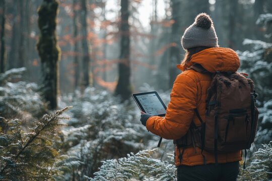 Forester in Bright Orange Vest Using Tablet to Explore Forest and Analyze Topological Map