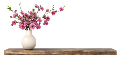 White ceramic vase with pink flowers on wooden shelf, isolated on transparent cutout background
