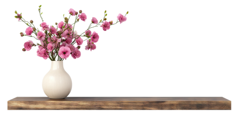 White ceramic vase with pink flowers on wooden shelf, isolated on transparent cutout background