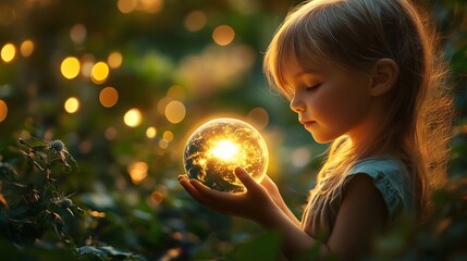 Naklejka premium Enchanting Child Holding Glow Sphere in Magical Forest Setting