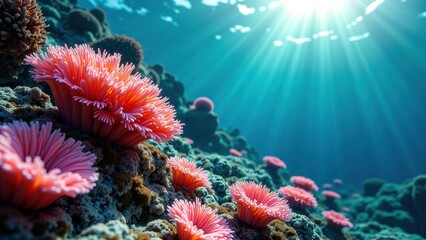 Sunlight shining on bleached coral polyps on the ocean floor underwater	