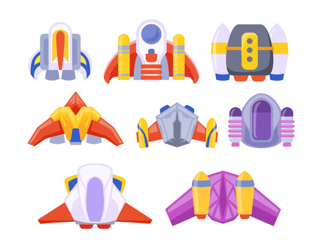 Set of jet pack collection, Equipment for personal air flight. Future technology, jetpack cartoon, Rocket fly. School boy, Fire jet pack. Air model, isolated on white background, vector illustration.