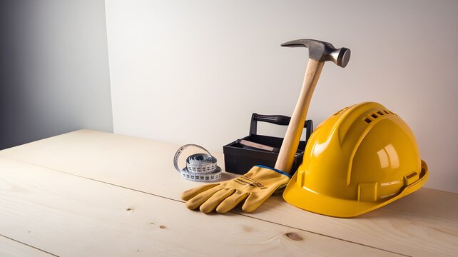 Construction Appreciation: Hard Hat, Hammer, and Wrench on Wooden Surface 