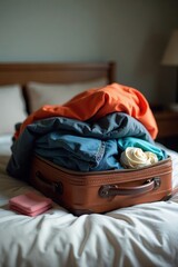 Overstuffed suitcase, few items removed, scattered on bed, minimal, vacation