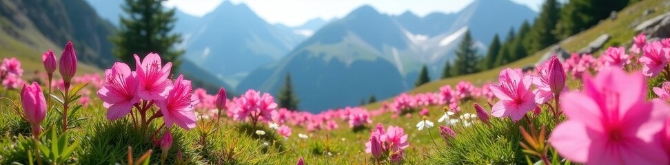 Obraz premium Pink alpine rhododendrons bloom vibrantly amidst Chamonix's mountain wildflowers , high altitude, wildflowers