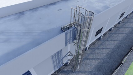 Exterior Fire Escape: A high-angle view of a modern, metallic fire escape affixed to the side of a contemporary industrial building, providing a crucial safety feature. © Wayu