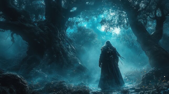 female warrior with divine axe in a dark forest illuminated by blue light digital art illustration - Powered by Adobe