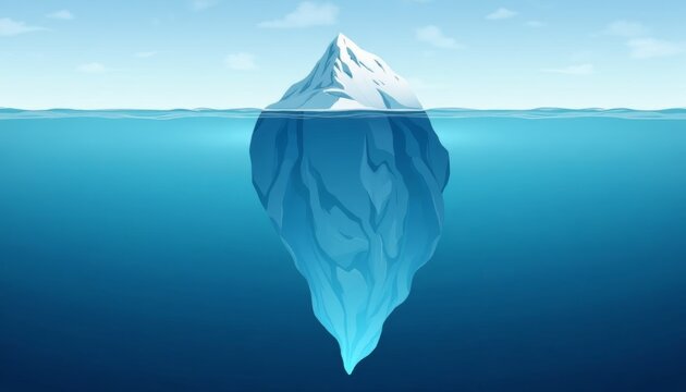 Iceberg with its underwater portion visible, concept of tip of iceberg and hidden depths.