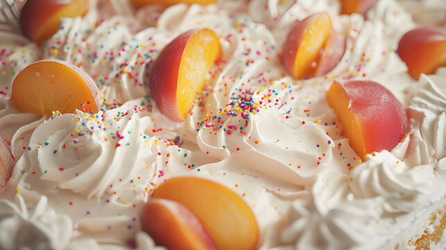 a close up of distroyed white american birthday cake with multicolor sprinckles, juicy peaches, macro photography