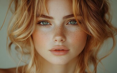 Naklejka premium Brunette woman with luxurious wavy hair in natural light fashion photography close-up portrait