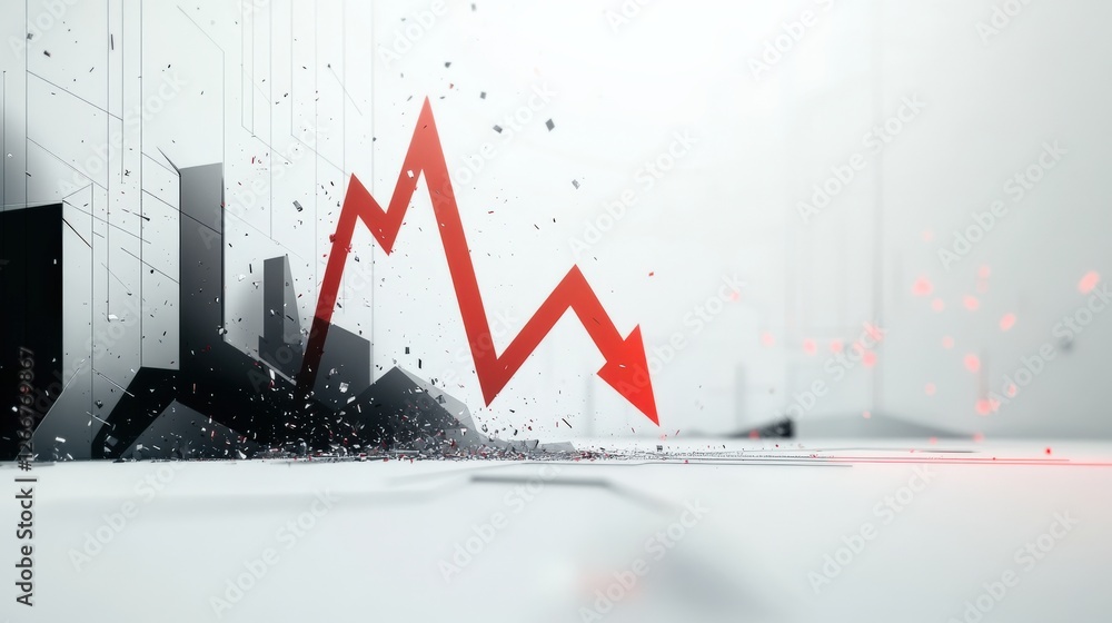Poster abstract representation of declining market trends with dynamic red graph on a futuristic background