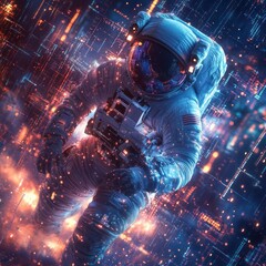 Fototapeta premium Futuristic Astronaut in Holographic Environment Exploring Virtual Reality Interface