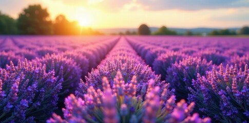 Obraz premium Rows of purple lavender bloom under a bright sun , image, flowers, botany