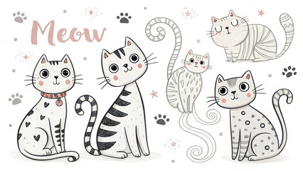 Obraz premium Cute Cats Illustration Set: This charming hand-drawn illustration features a delightful collection of adorable cats, with playful expressions and intricate details.