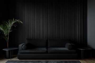 Dark living room, black sofa, plant, wall paneling, interior design mockup
