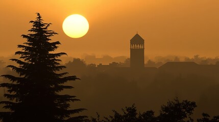 Fototapeta premium early morning mist over a peaceful mosque before Eid prayer 