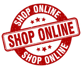 shop online stamp. shop online label. round grunge sign