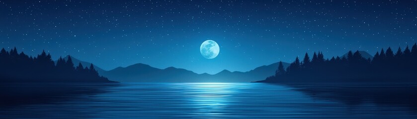 A serene night scene featuring a bright moon reflecting on calm waters, surrounded by dark mountains and a starry sky.