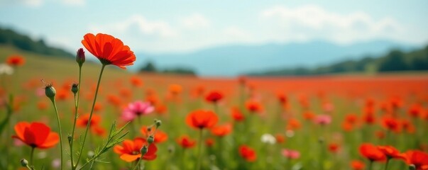 Fototapeta premium Single crimson pyrethrum blooms in expansive field, plant, pyrethrum