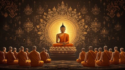 Serene Buddha Statue Surrounded by Meditating Monks in Temple