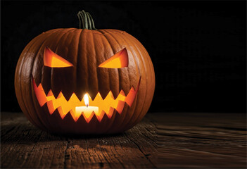 Halloween design poster and Evil, glowing smile carved on a pumpkin. Monster scarecrow character. Copy space greeting card, poster or banner. Electronic, print and social media post.