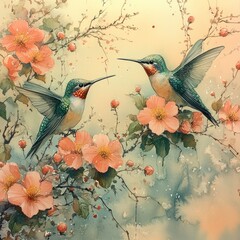 watercolor hummingbirds flowers seamless pattern botanical garden roses leaves branches nature print