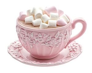 Isolated Floral Pink Mug and Saucer with Hot Chocolate and Marshmallows