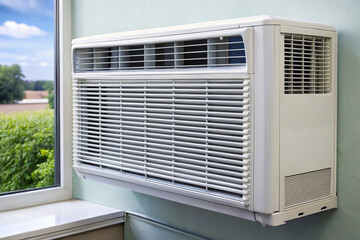 Window Air Conditioner Unit: A modern, efficient window air conditioner unit is neatly installed in a window, providing a refreshing breeze and climate control for a comfortable indoor environment.&nbsp;