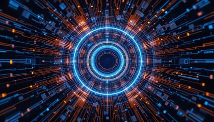 Futuristic digital interface with glowing blue circular technology elements representing artificial intelligence cyber security and advanced computing