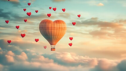 Fototapeta premium Heart-Shaped Hot Air Balloon Soars Through Clouds with Floating Hearts: A Romantic Aerial Adventure
