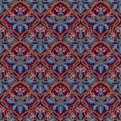 Pink pixel flower pattern, pattern in brown artificial diamond frame, dark purple background.