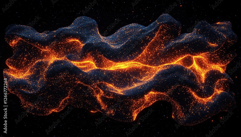 Poster glowing particle simulation: abstract 3d animation of dynamic, evolving, and colorful nebulae, showi