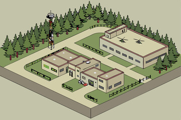  Aerial view, military base, rectangular buildings, beige structures, concrete roads, parking lots, green forest surroundings, helicopter pad, security fences, communication towers, camouflage color