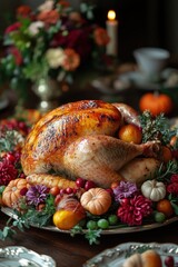 Thanksgiving Dinner Celebration with Roasted Turkey and Autumn Vegetables at Festive Family Table