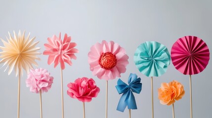 Obraz premium Row of colorful paper flowers in various shapes and sizes arranged in a decorative manner
