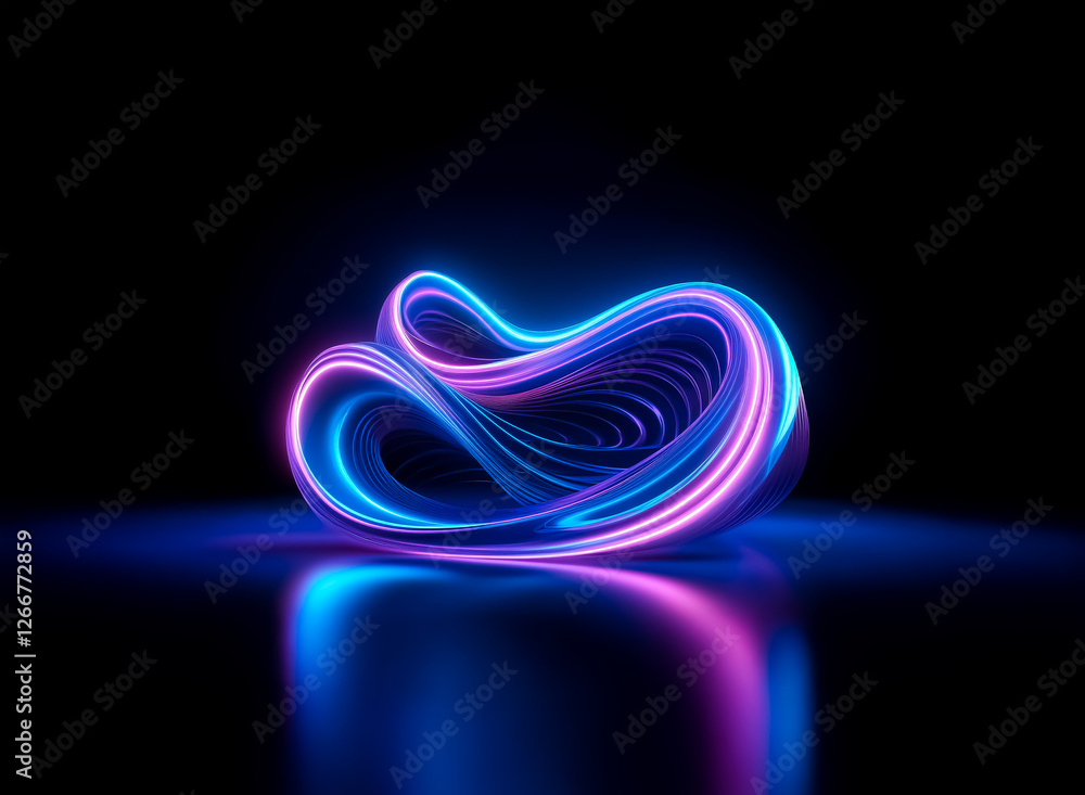 Poster abstract glowing shape with neon blue and pink light. a looping, dynamic form rests on a reflective 
